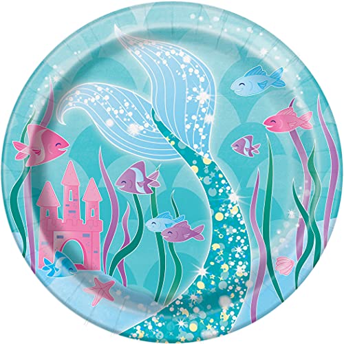 Unique- Platos de Papel Ecológicos-18 cm-Fiesta de Sirena-Paquete de 8, Multicolor, M...