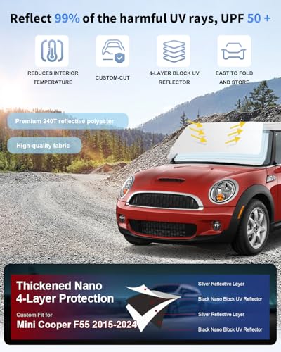 Sun Shade for Mini Cooper Windshield Sunshade fit for 2015-2023 2024 2025 BMW Mini Cooper F55 Accessories Front Window Shield Sun Visor Protector Block UV Ray Heat