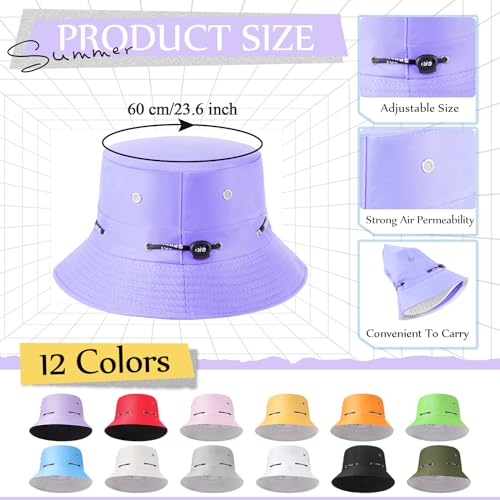 Image of Didaey 12 Pcs Bucket Hat Summer Adjustable UV Protection Hat Bulk Wide Brim with Strings for Beach Camping Hiking
