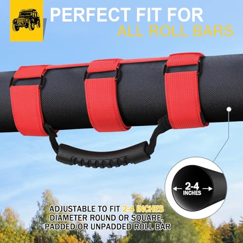 moveland Grab Handles Compatible with Jeep Wrangler Roll Bars (2 Pack), Easy-to-Fit 3 Straps Design for 1955-2023 Models (RED)
