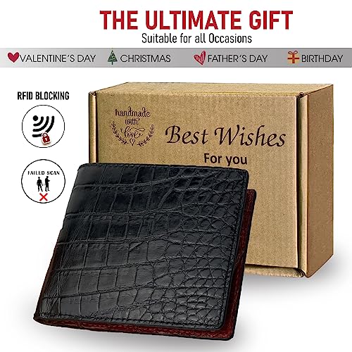 Image of HATA Black Red Bifold Leather Wallet for Men, Exotic Double-Sided Leather Wallet with RFID Blocking, Slim Credit Card Holder, Handmade Gift for Birthday, Anniversary, Father's Day VILE-112