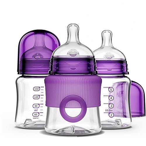 Image of Smilo Baby Bottle Set with Stage 0 Slow Flow Anti Colic Nipple, 5 Oz / 150 ml Capacity, 3X Pack of Anti Colic Baby Bottles 0-3 Months - Plum Purple