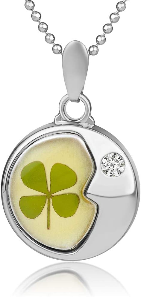 Stainless Steel Real Four (4) Leaf Clover Good Luck Shamrock Moon Pendant Necklace, 16-18 inches