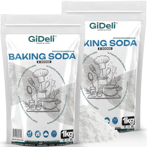 GiDeli Bicarbonato de Sodio 2x1kg - Perfecto Para Cocinar Pasta y Hornear - También se Utiliza Para Lavar y Limpiar - Uso Versátil en el Hogar - Regulador de la Química del Agua de la Piscina