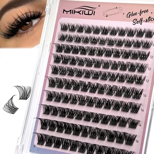 MIKIWI Self Adhesive Lash Clusters, No Glue Needed Wispy D-Curl Lash Clusters 10-16mm Pre Glued Eyelashes Clusters No Residue Self Adhesive Eyelashes
