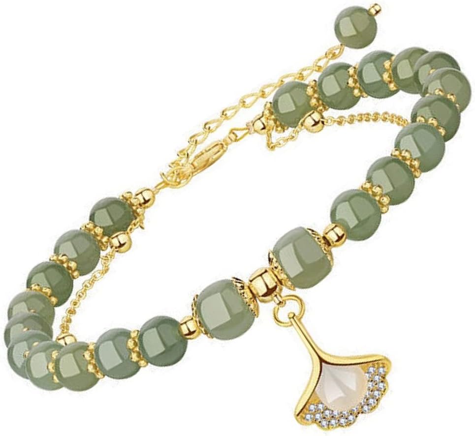 Hetian Jade Gold Leaf Bracelet- Fashion Elegant Feng Shui Bracelet for Women Lucky Bracelet, One Size
