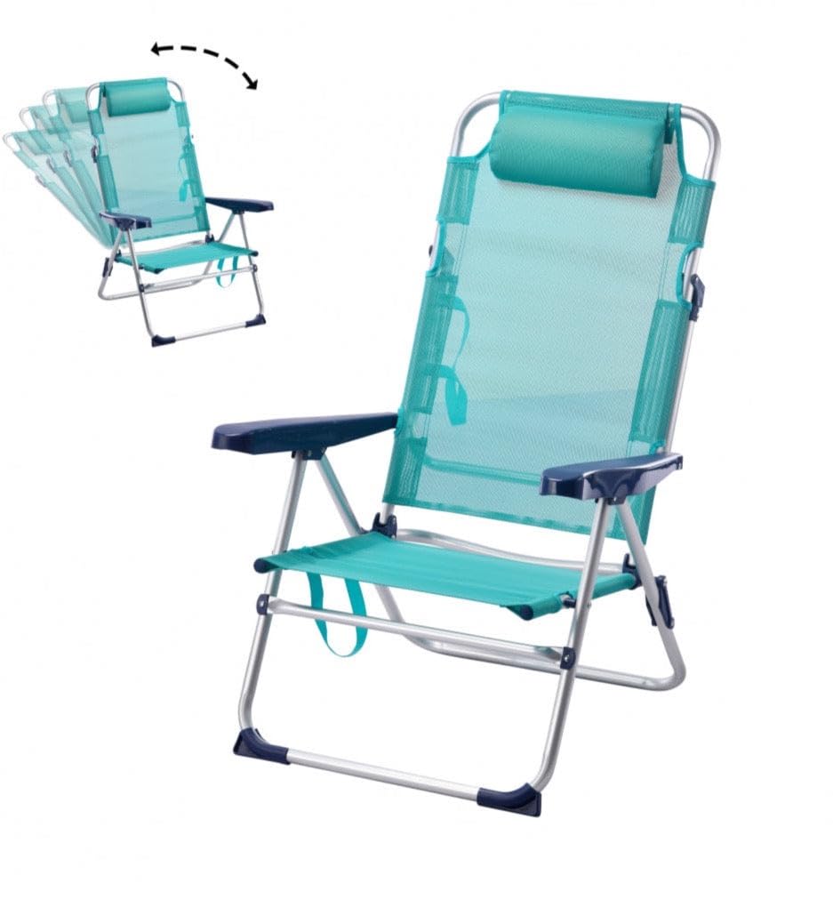 Silla de Playa Plegable y Reclinable con Cojín – 5 Posiciones, Aluminio y Textileno, Ligera y Cómoda, Convertible en Tumbona 57x31x62/101CM (Turquesa, 1 Unidad)