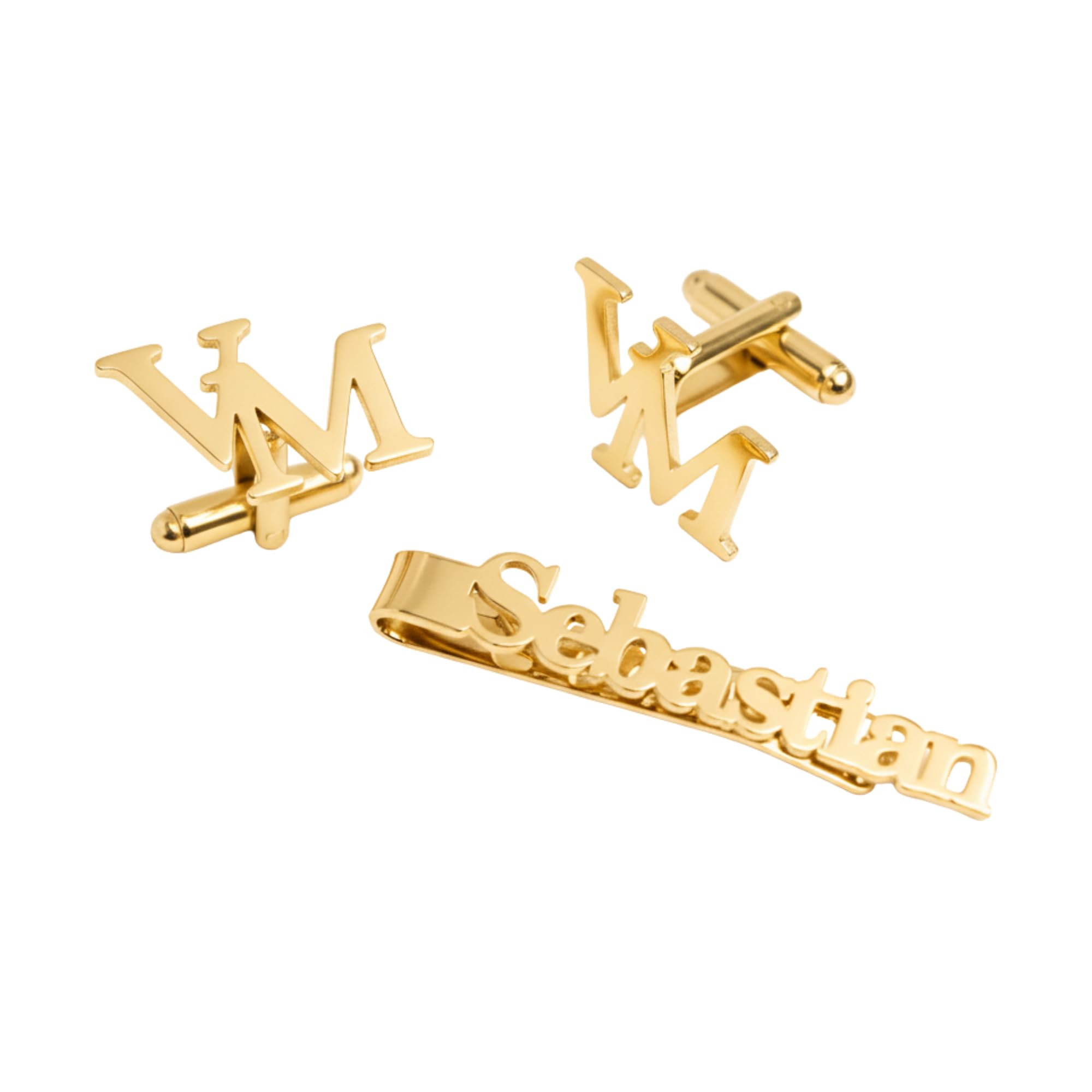 Personalised Name Cufflink and Tie Pin Set for Men | Custom Initial Gold Finish Cufflinks with Name Tie Clip | Engraved Gift Set for Husband, Father, Boss | Formal Office Accessories for Men-image-0