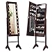 COSTWAY Portagioie Armadietto Specchiera con 18 Luci LED, Specchio a Figura Intera, Organizer per Gioielli Moderno Elegante, 145x35x31,5cm (Marrone)