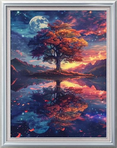 Image of Leczany Cross Stitch Stamped Kits for Adults Beginners Patterns Craft Kit Needlepoint Full Range of DIY Embroidery Kits Starter 11CT 3 Strands | Lake Light Tree 15.8x20.9 inches