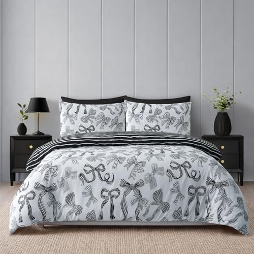 Image of Adore Home King Duvet Cover Set Black & White Bows Reversible Microfibre Bedding Soft Warm Includes Pillowcases