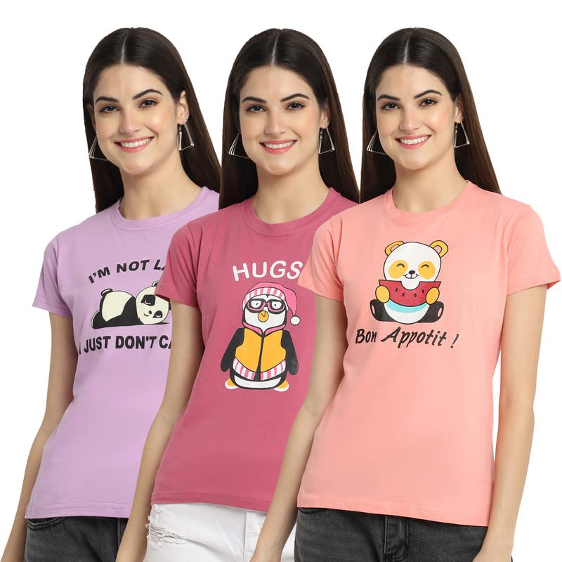 Image of Preneum Women's Cotton Regular Fit Graphic Stylish Printed Short Sleeves Casual T-Shirt || Trendy (Pack 3), Purple & Pink & Pink, XS