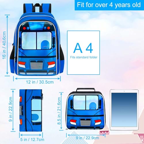 Image of WZLVO 3PCS Kids Bus Backpack Set, 16 inch Cool UV Printing Boys Bookbag /School Bag with Lunch Box & Pencil Bag for Preschool to Elementary - Blue Bus
