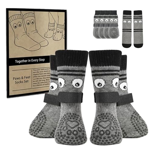 COOHAMS Non-Slip Dog Socks & Owner Sock Set- Extra-Grip, Paw Protection for Senior & Active Dogs(Grey,XL)