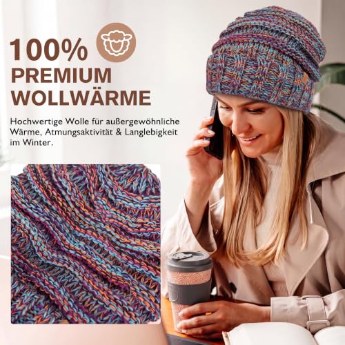 TOP-EX 100% wełna Slouch Beanie damska ciepła czapka zimowa czapka dzianinowa z podszewką polarową, 95571_Fioletowy melanż, Rozmiar uniwersalny