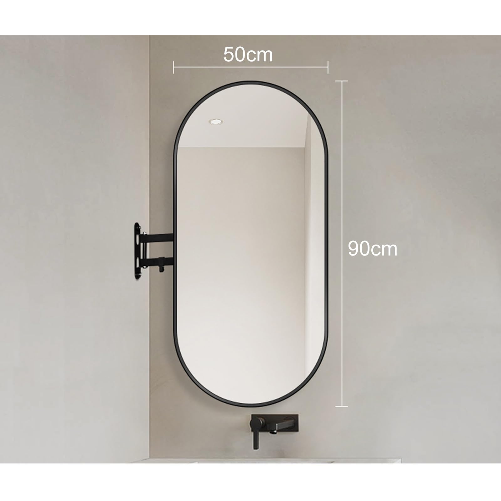 Specchio Angolare da Parete, Specchio Girevole Ovale per Bagno, Specchio da Parete con Braccio Estensibile e Cornice in Metallo, Specchio Girevole e Inclinabile, Verticale e Orizzontale(White,50x90cm)