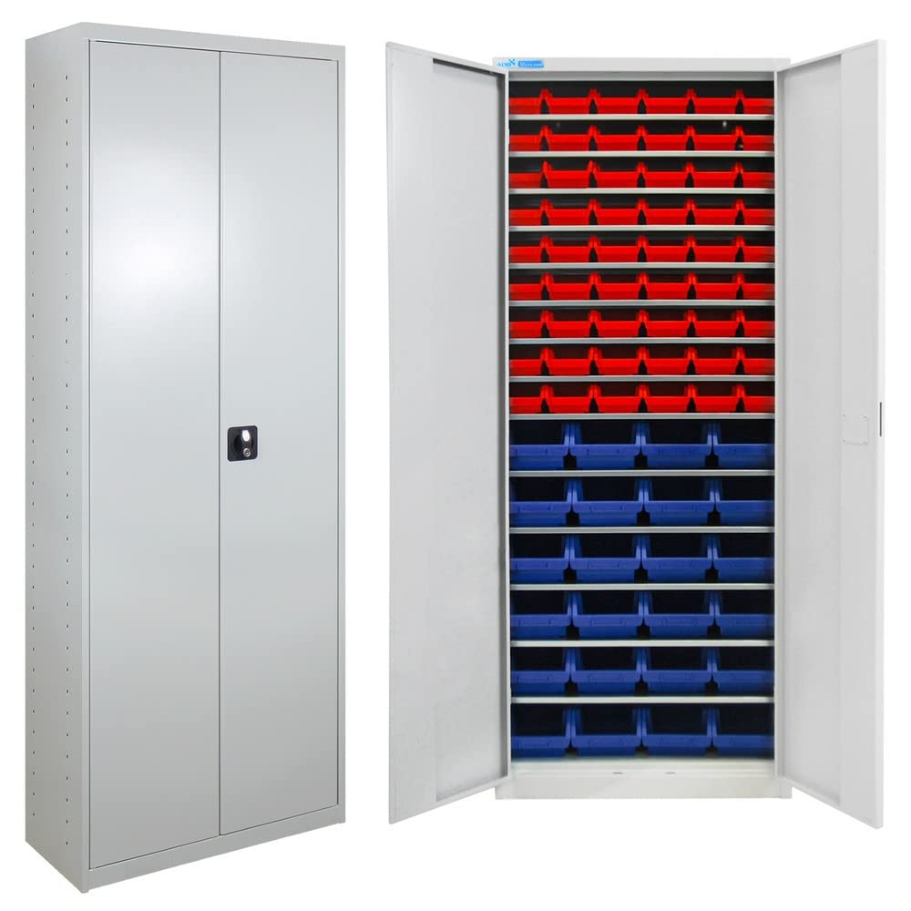 HEMMDAL Flügeltürenschrank | HxBxT 195 x 71 x 30 cm | Grau | Sichtlagerkästen 54 x Rot, 24 x Blau | Aufbewahrung von Kleinteilen & Werkzeug | Sicherheits-Zylinderschloss | Werkzeugschrank aus Stahl
