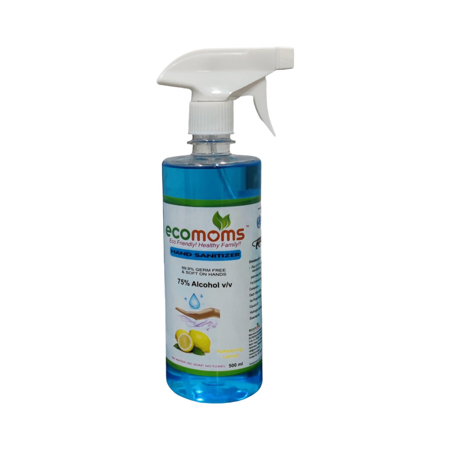 Ecomoms Hand Sanitizer 500ml 99.99% Effective Against Germs -75% Alcohol | Skin Friendly and Safe for Kids | Instant Germ-Free Protection 500ml (Pack of 1)