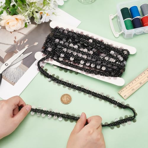 Cinta de encaje de perlas negras y diamantes de imitación para coser ropa de boda 4