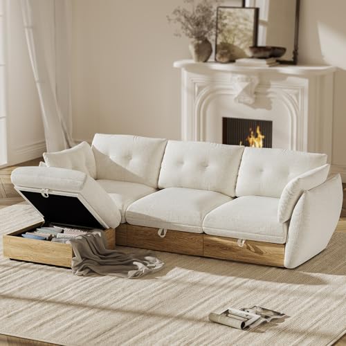 Image of 98 inch L Shaped Cloud Couch Sectional Modular Sofa with Storage, Cotton and Linen Fabrics Modern Oversized Deep Seat Sofa with Armrest Pillow, Easy Assembly for Living Room, Apartment, Ivory