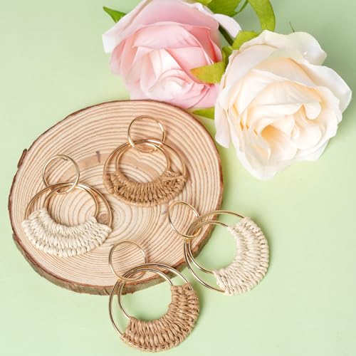 hoyuwak 2 Pairs Rattan Weave Earrings Boho Raffia Dangle Hoop Earrings Handmade Straw Wicker for Women Summer Beach Party, Beige Khaki 6