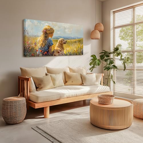 SERIMINO Portrait Landscape Wall Art, Lady and Dog Large Wall Decor, Animal Golden Retriever Cute Canvas Prints, Meadow Wildflowers Rustic House Decorations Living Room Bedroom Bathroom 24"X48"