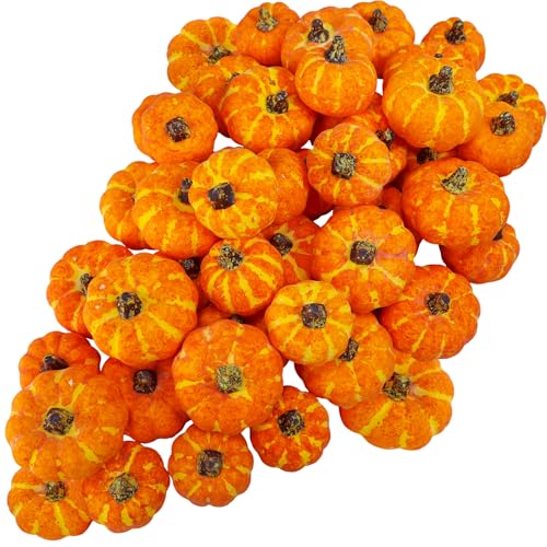 Winlyn 48 Pcs Mini Artificial Orange Pumpkins Fall Rustic Harvest Faux Foam Pumpkins 1.8