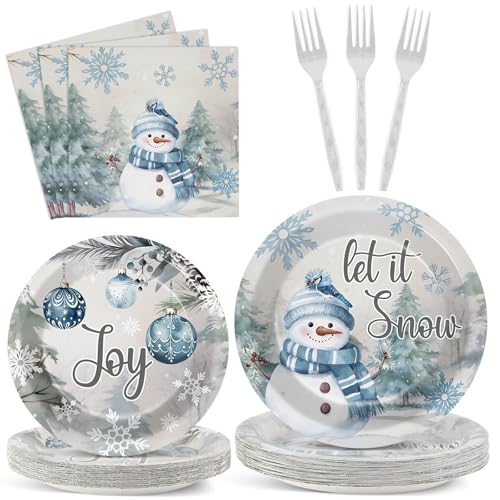 96pcs Christmas Party Plates and Napkins, Blue and Gray Winter Snowman Party Decorations for Holiday Xmas Snowflake Let It Snow Party Dessert Plates, Winter Wonderland Tableware Decor, Serve 24