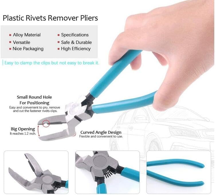 Hilitchi 15 Pcs Premium Multiuse Plastic Rivets Remover Puller Pliers, Push Pin Pliers and Two Panel Clip Pliers, Panel Trim Removal Tools and Two Clip Removers and Rubber Hammer Tool Set