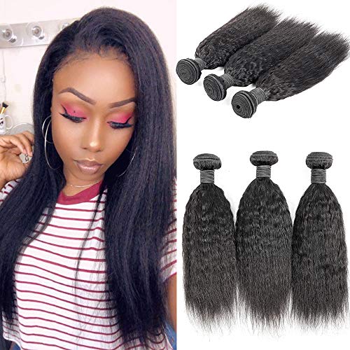 Brazilian Virgin Kinky Straight Hair 3 Bundles Yaki Human Hair Weave 100% Unprocessed Brazilian Virgin Remy Sew in Hair Extensions Natural Black Color(10 12 14Inch/KS, 3 Bundles)