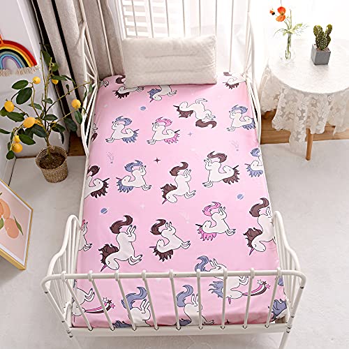 Image of Bedding Fitted Sheet with Deep Pocket,Thicken Printed Fabric Bed Sheets (Pink(Unicorn), Twin)