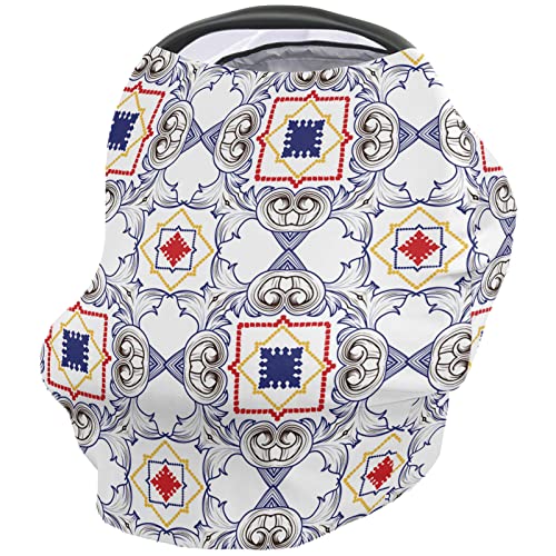 Nursing Cover for Breastfeeding Scarf, Blue Red Square Geometric Baby Car Covers Super Soft Multi Use for Canopy Shopping Cart Cover Blanket Stroller Cover