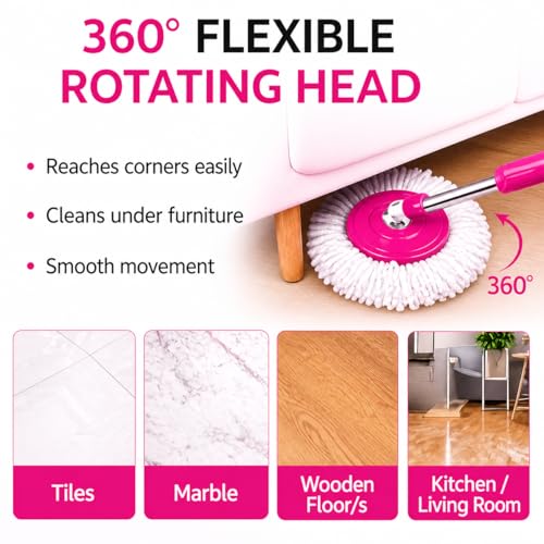 Image of Heavy Duty Stainless Steel Mop Stick with 360 Degree Swivel Head, Extendable Long Handle with 5 Yrs Warranty- Replacement Mop Pole for Floor Cleaning- (Pink-2 Heads)