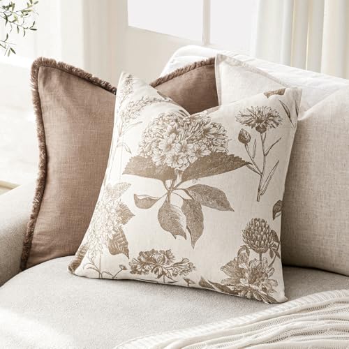 Image of Foindtower Set of 2 Linen Floral Throw Pillow Covers Neutral Vintage Print Decorative Cushion Covers Farmhouse Boho Home Decor for Sofa Chair Couch Bedroom Living Room,24x24 Inch,Light Brown
