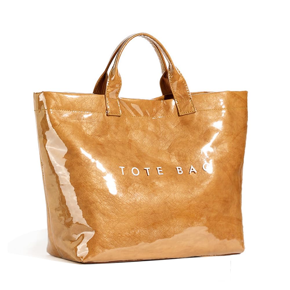 KAMEILONG Women's Large PVC Tote Bag Letters Print Handbags Kraft Paper Shoulder Bag Clear Shopping Hobo Bag (Brown)