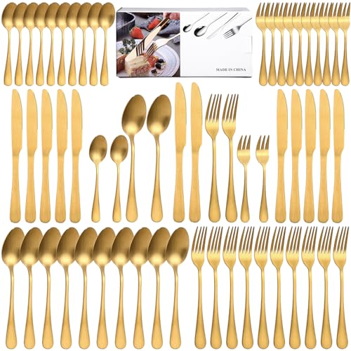 60 Teiliges Mattiertes Gold Besteckset für 12 Personen, Matte Edelstahl Essbesteck Set, Spülmaschinenfest kratzfest, Fingerprintresistent, Elegantes...