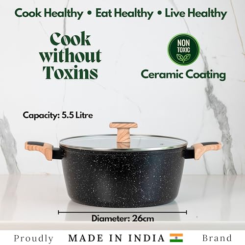 Image of Kreme Ceracook Ceramic Coated Granite Casserole 5.5Ltrs /26cm with Glass Lid, Stew Pot, Biriyani, Rice, ISI Certified, Forged Aluminium, Gas & Induction Use, PFAS & PTFE Free, 1 Yr Warranty, Black
