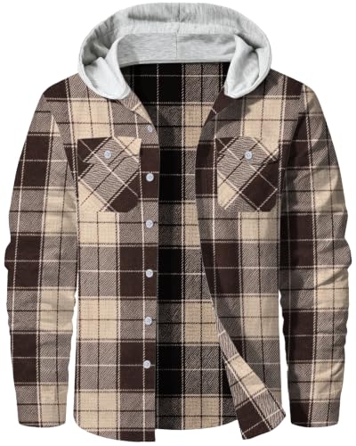 Image of Cromoncent Men Flannel Hoodie Plaid Button Down Jacket Long Sleeve Shirts