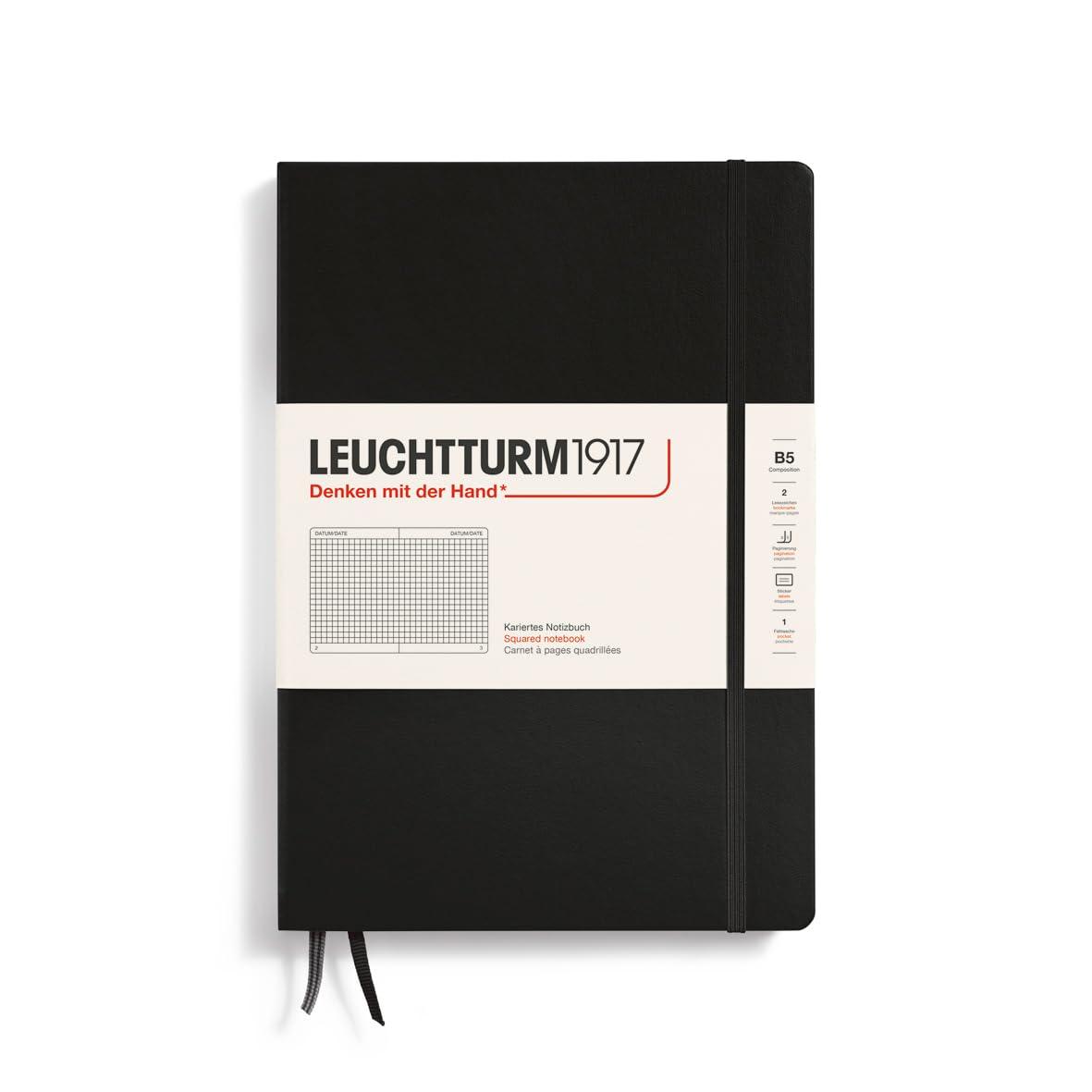 LEUCHTTURM1917 - Notebook Hardcover Composition B5-219 Numbered Pages for Writing and Journaling (Black, Squared)