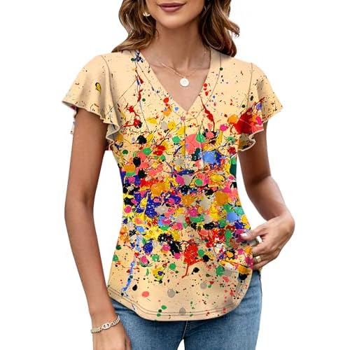 LOMON Womens Tops Dressy Casual Summer Flutter Sleeve T-Shirts Trendy Ruffle Short Sleeve Loose V-Neck Tunic Tops