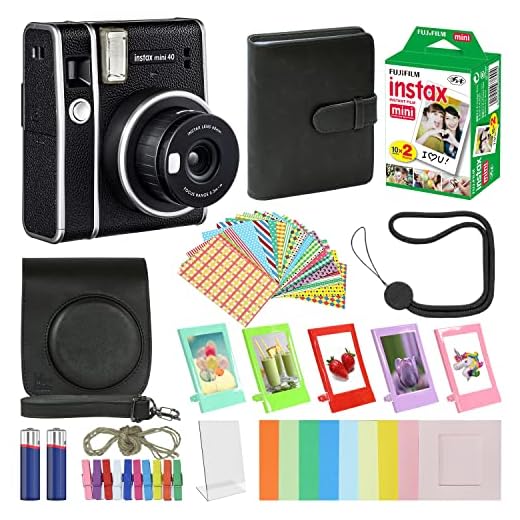 Fujifilm Câmera instantânea Instax Mini 40 preta com estojo de transporte + Fuji Instax Instant Film 20 folhas pacote de acessórios, álbum de fotos, molduras sortidas + mais