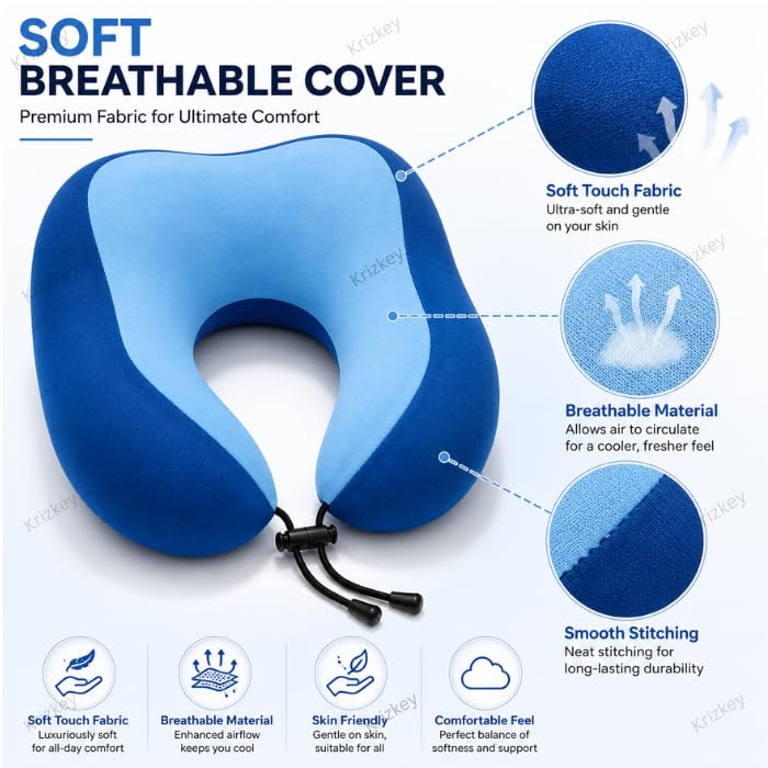 Image of Memory Foam Travel Neck Pillow with Portable Storage Case | Soft U-Shaped Neck Support Cushion for Airplane, Car, Train & Office | Lightweight Ergonomic Travel Pillow (Blue)