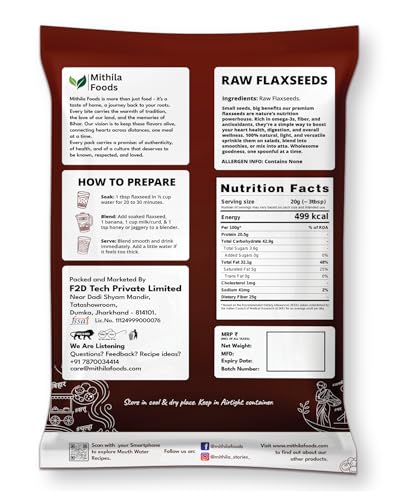 Image of MITHILA FOODS 500g Premium Flax Seeds | Alsi Beej for Weight Loss, Hair Growth & Skin Care | High Protein, Omega 3 & Fibre Rich | Authentic Superfood from Bihar for Healthy Living & Daily Energy