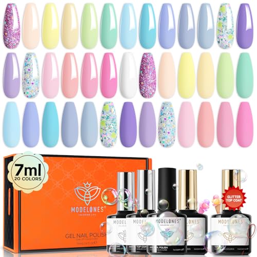 modelones 24 Pcs Gel Nail Polish, 20 Colors Summer Gel Polish Set Magenta Bright Glitter Hot Pink Neon Gel Nail Polish Colors with Bond Primer Glossy & Matte Top Base Coat Manicure DIY Gifts for Women