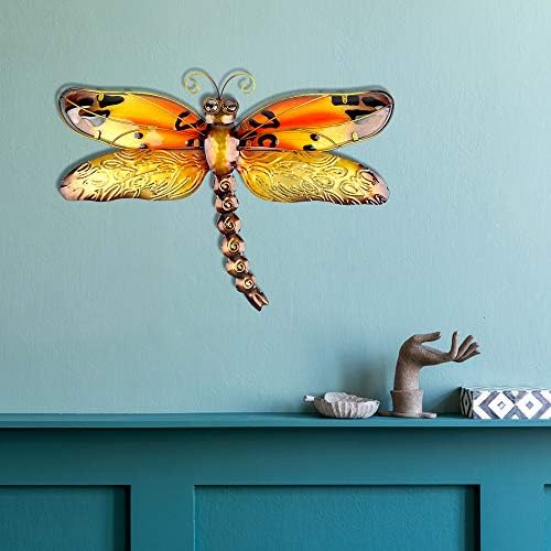 John's Studio Metal Dragonfly Wall Decor Bathroom Glass Art Iron Sculpture Outdoor Orange Hanging Decoration for Home Bedroom Garden Patio Porch or Fence
