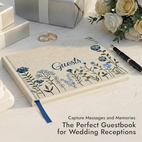 Image of Linen Embroidered Photo Wedding Guest Book-Premium Hardcover Polaroid Guestbook for Wedding Reception, Baby Shower, Bridal Shower, Funeral, Graduation -160 Pages for Notes 10.25 inch x 8.25 inch (Dusty Blue)