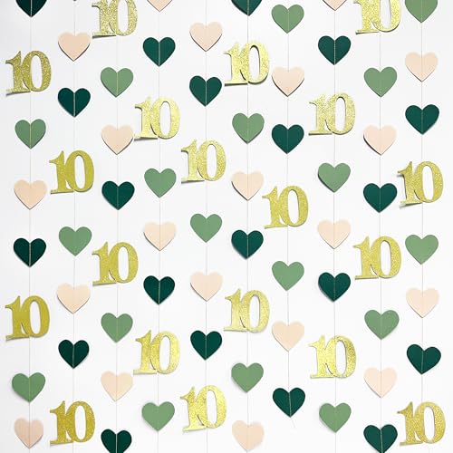 Image of Sage Green Gold 10th Birthday Decorations Sage Green Gold Heart Garland Streamer Banner Backdrop for Girls Happy 10th Birthday Double Digits I'm 10 Cheers to 10 Years Old Anniversary Party Supplies
