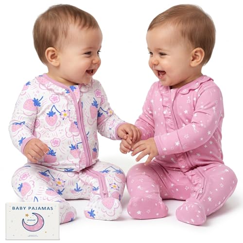 Unnivoll Rayon from Bamboo Baby Pajamas Baby Sleepers for 3-6 Months 2Pcs Footie Pajamas Baby Girls Clothes Soft Infant Footed PJs with Mitten Cuffs Two Way Zipper Long Sleeve