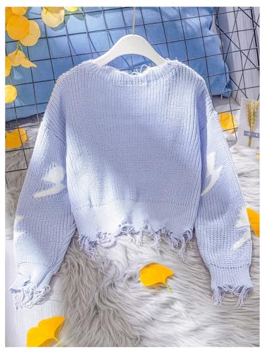 Floerns Girl's Graphic Print Long Sleeve Distressed Hem Pullover Top Raw Hem V Neck Crochet Knit Sweater2