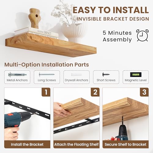 Image of Acovy Extra Deep 48 inch Long Rustic Solid Wood Floating Shelves for Wall, Wall Shelves with Invisible Bracket for Living Room Bathroom Bedroom Kitchen, Set of 1, Natural